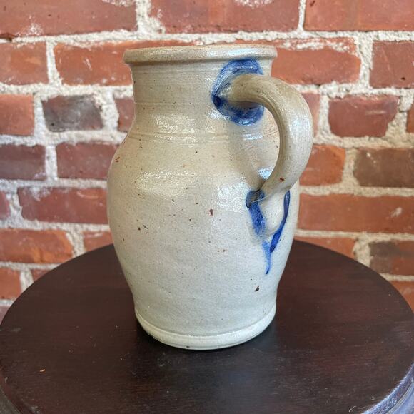 Antique Stoneware Pitcher with Blue Cobalt Decoration, 7” Tall - Picture 5 of 7